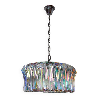 Circular chandelier by Paolo Venini, petroleum effect glass, chrome structure, Italy 1960