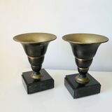 Pair of Art Deco enamelled brass casseroles, black and white marble base