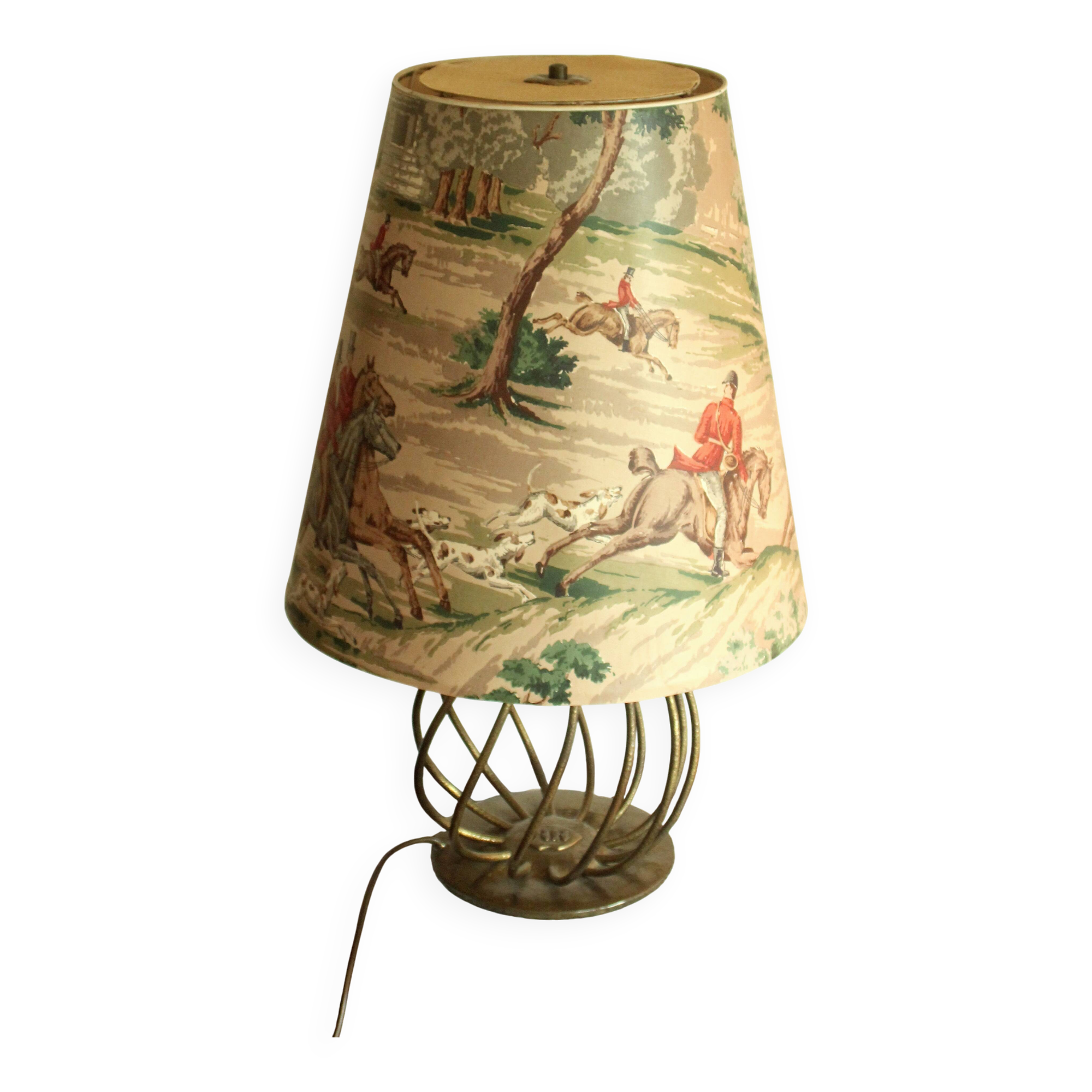 Lampe de table sur pied en laiton avec motifs de chasse sur l'abat-jour, Vintage