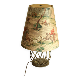 Lampe de table sur pied en laiton avec motifs de chasse sur l'abat-jour, Vintage