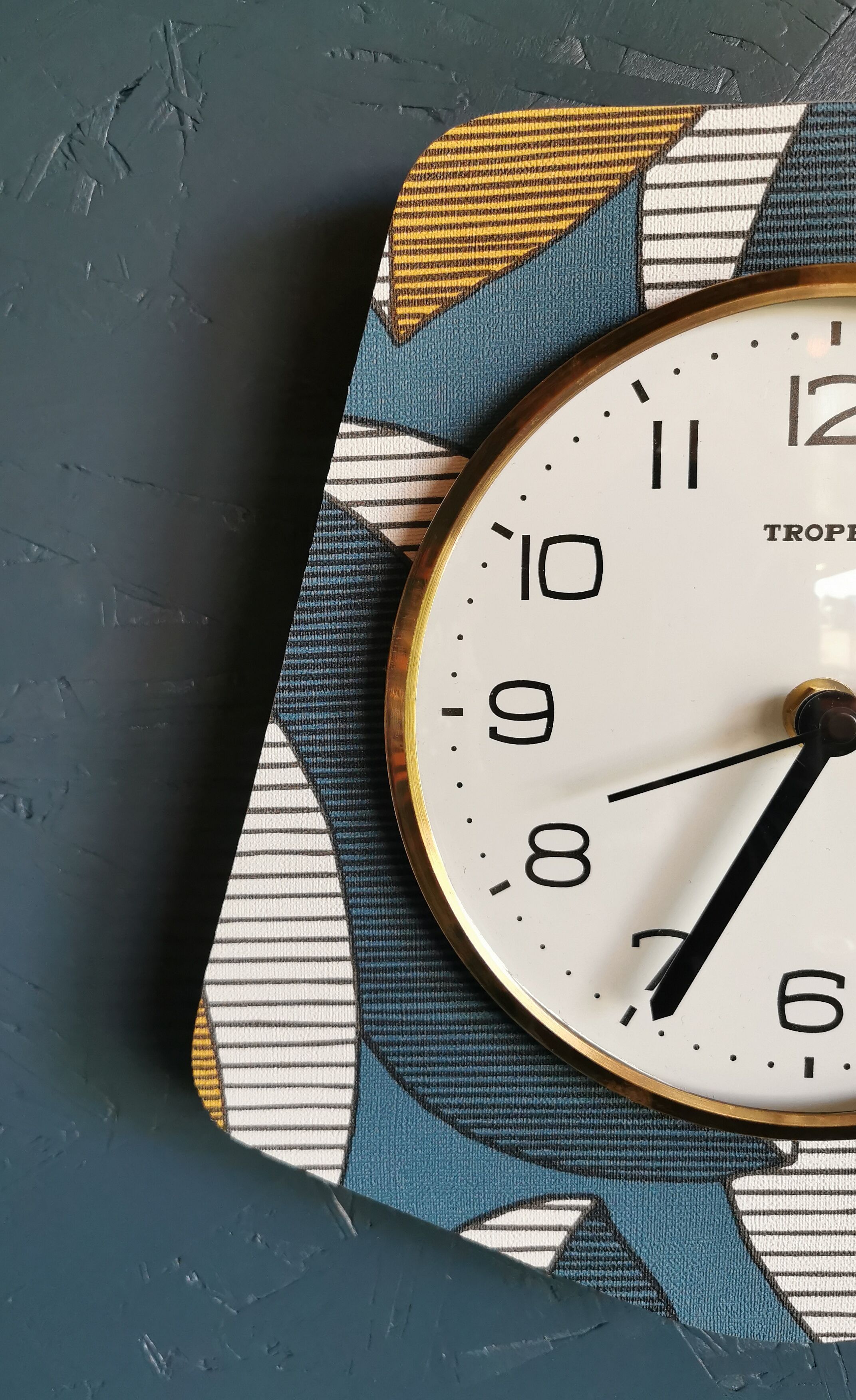 Vintage clock silent trapezoid wall clock "Trophy blue white ochre"