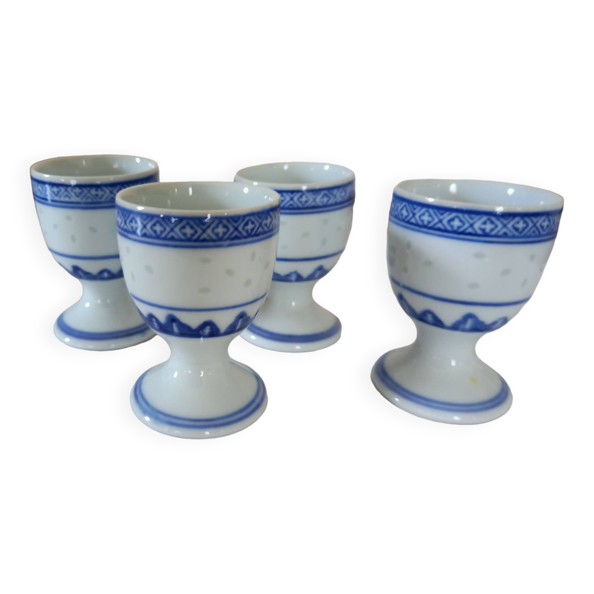 Set of 4 blue and white egg cups