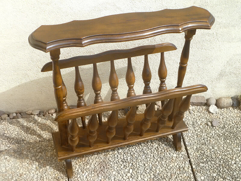Vintage wooden magazine rack with tablet