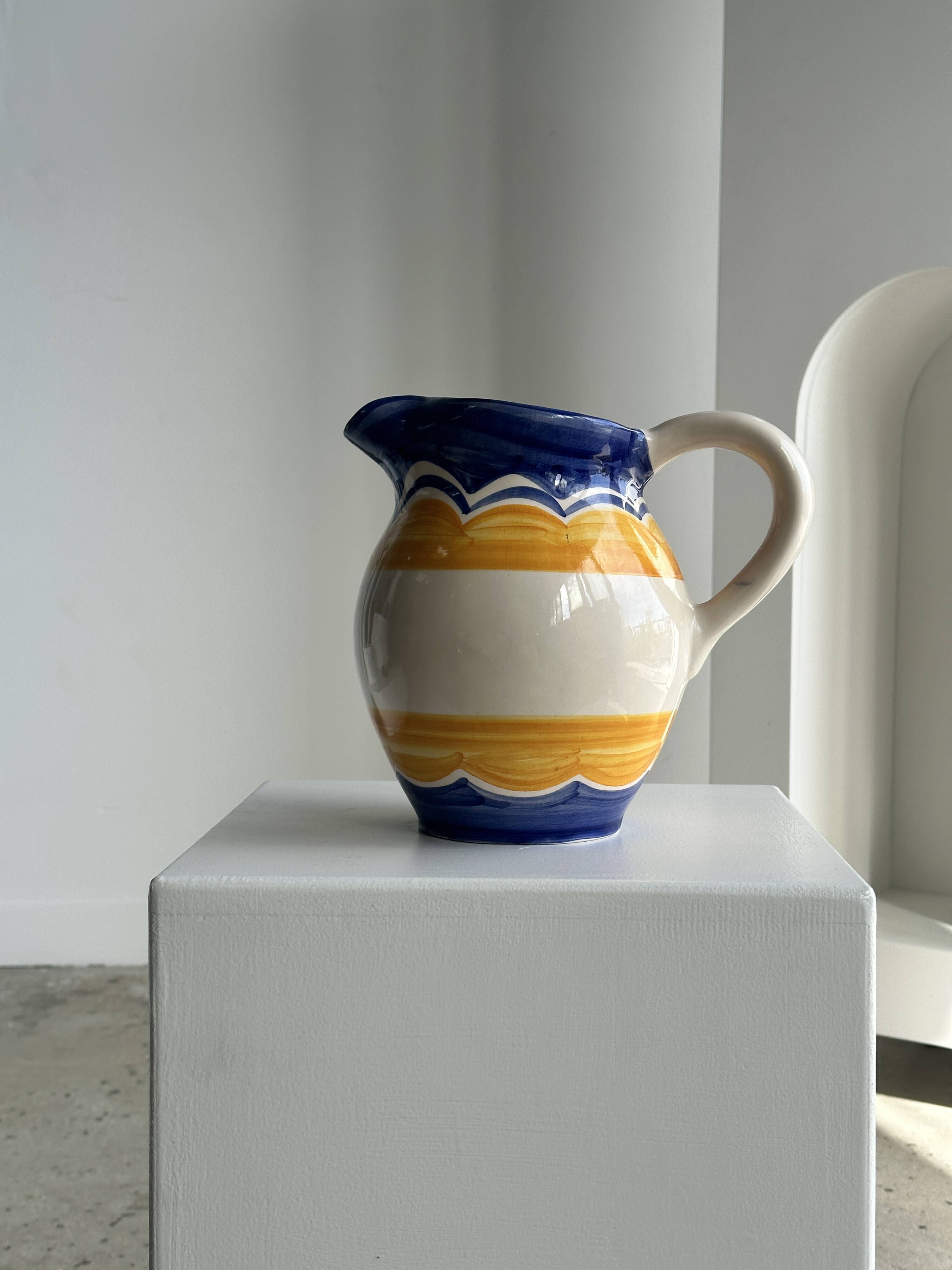 Large blue and yellow hand painted carafe H:20cm