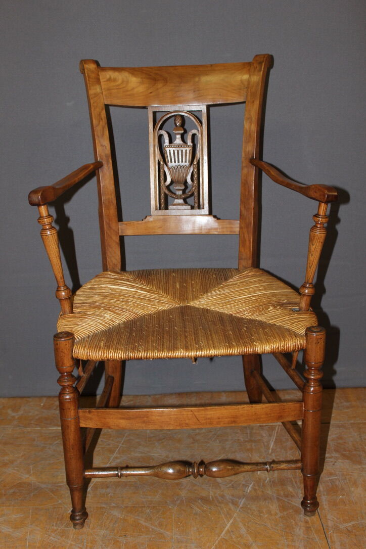 Pair of straw armchairs in cherry wood Directoire early XIX