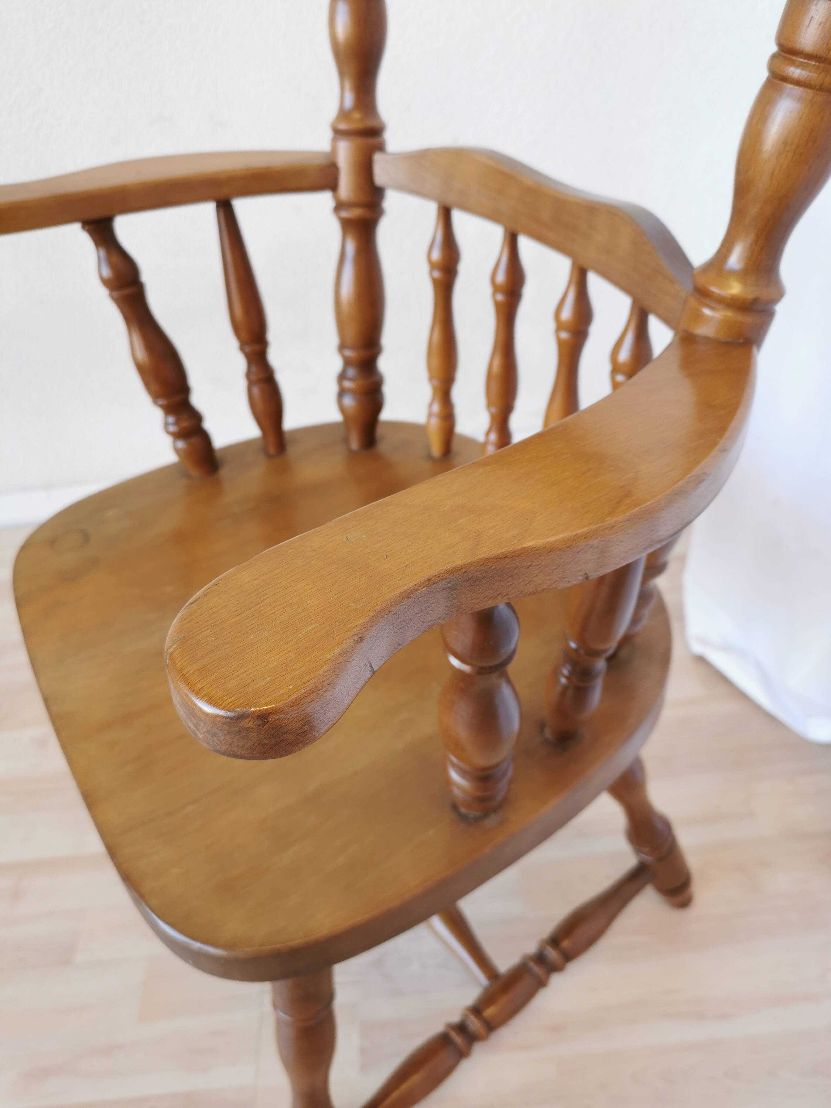 Vintage Beech Wood Windsor Dining Chair - 1970s Captains Armchair