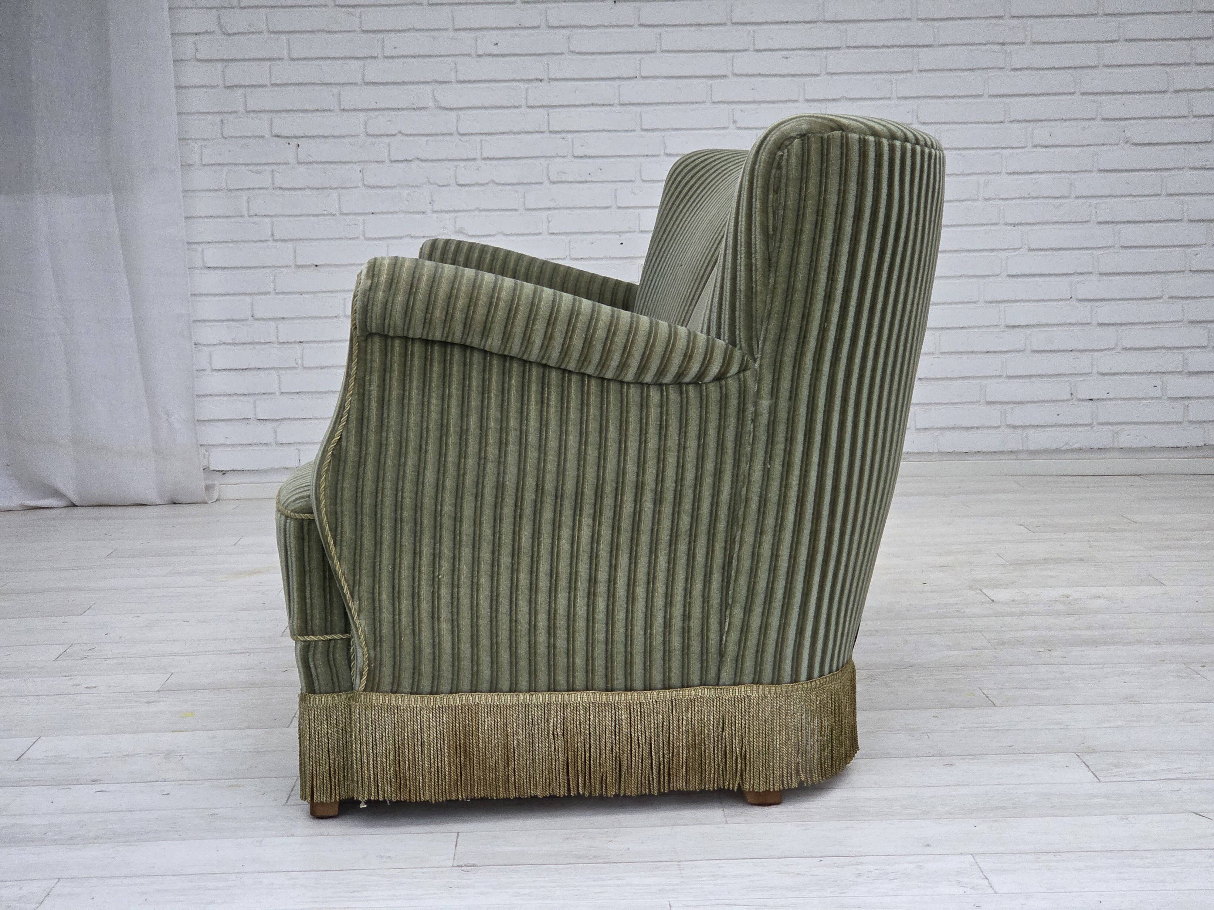 1960s, Danish 3-seater sofa, original green furniture velour, oak wood.