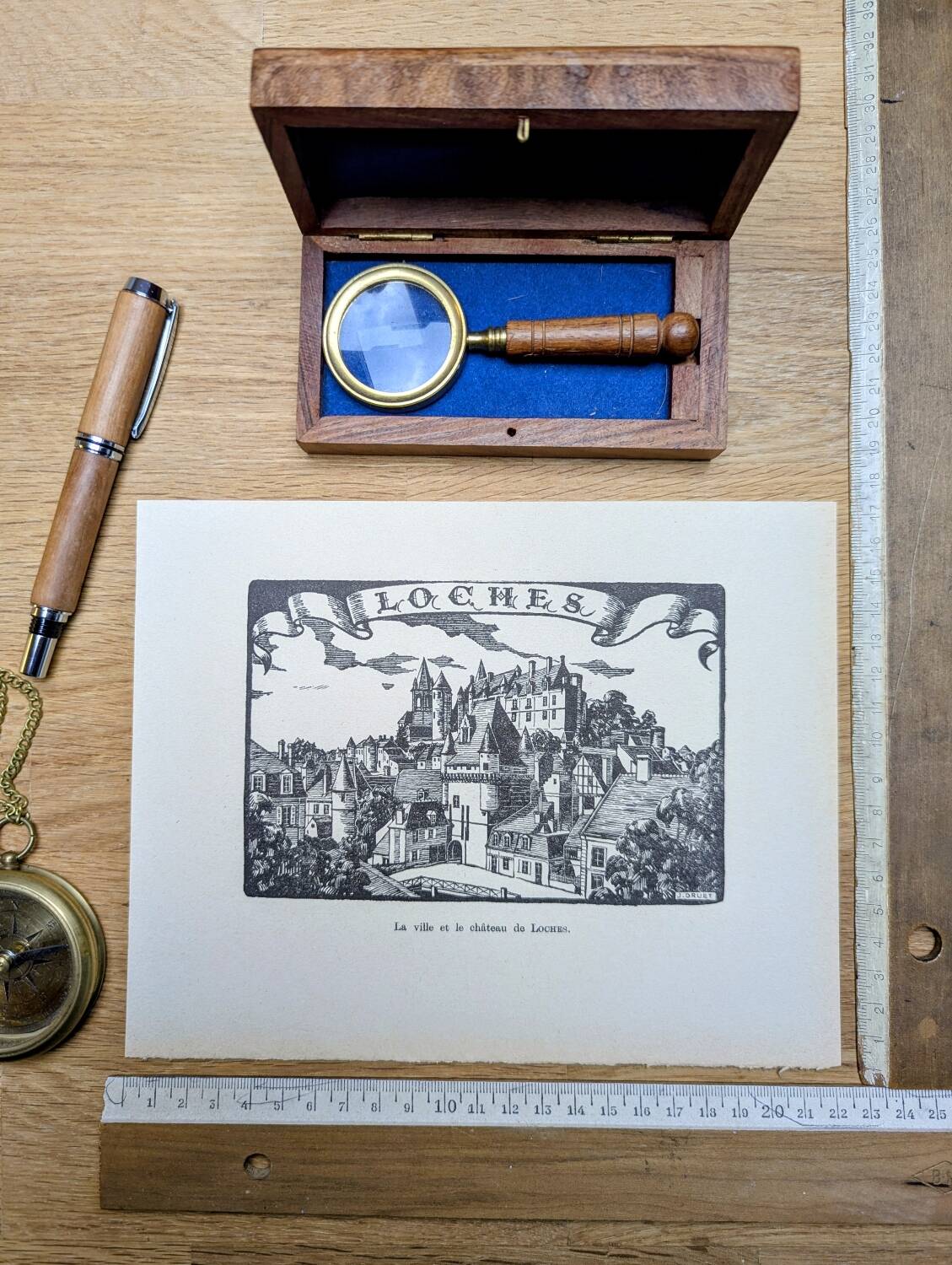 Loches, Indre-et-Loire, printed in 1933, vintage engraving.