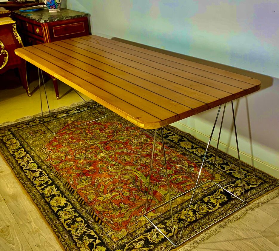 Teak table with chromed tubular metal base