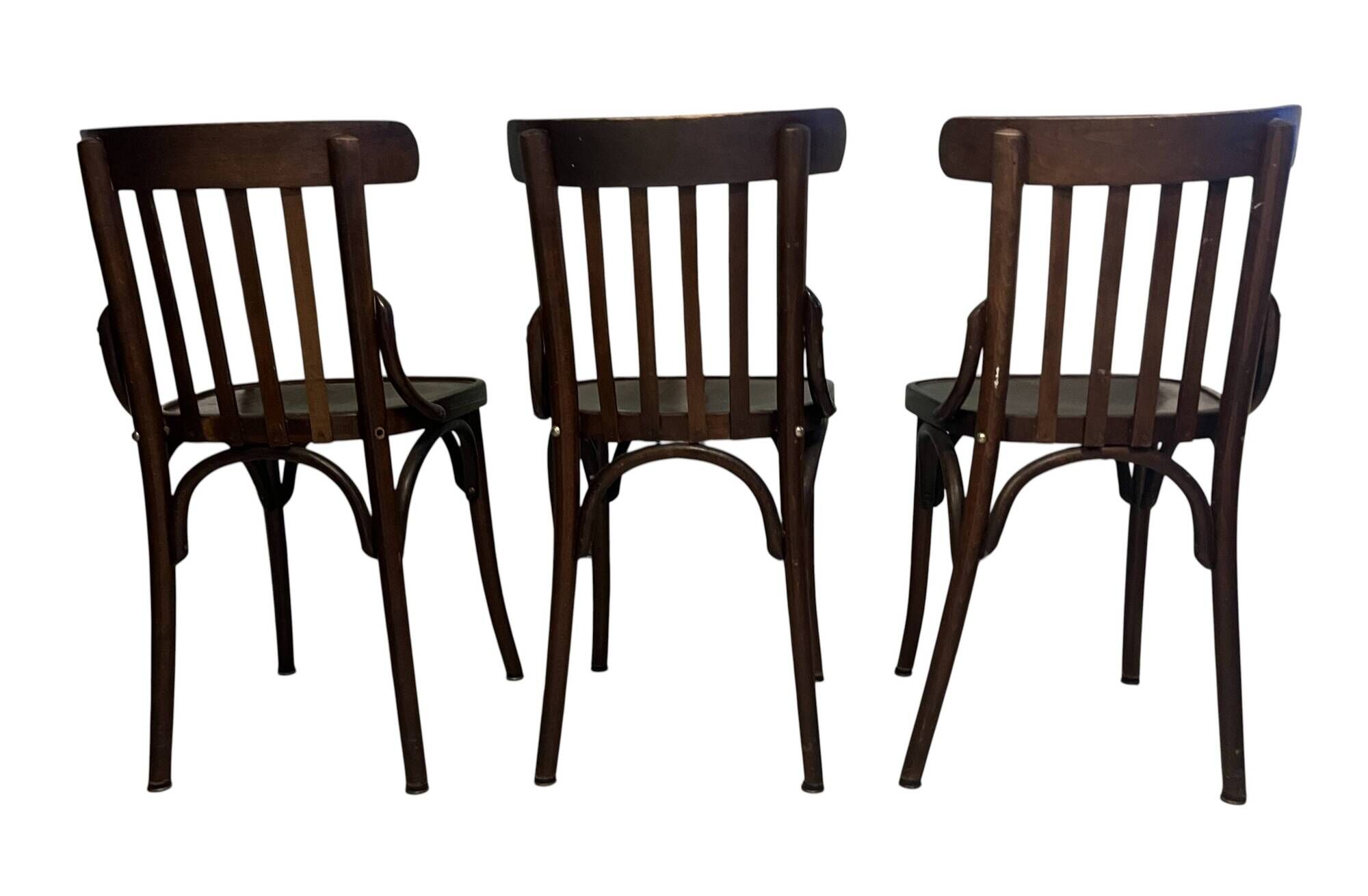 Set of 3 vintage wooden bistro chairs from around 1950.