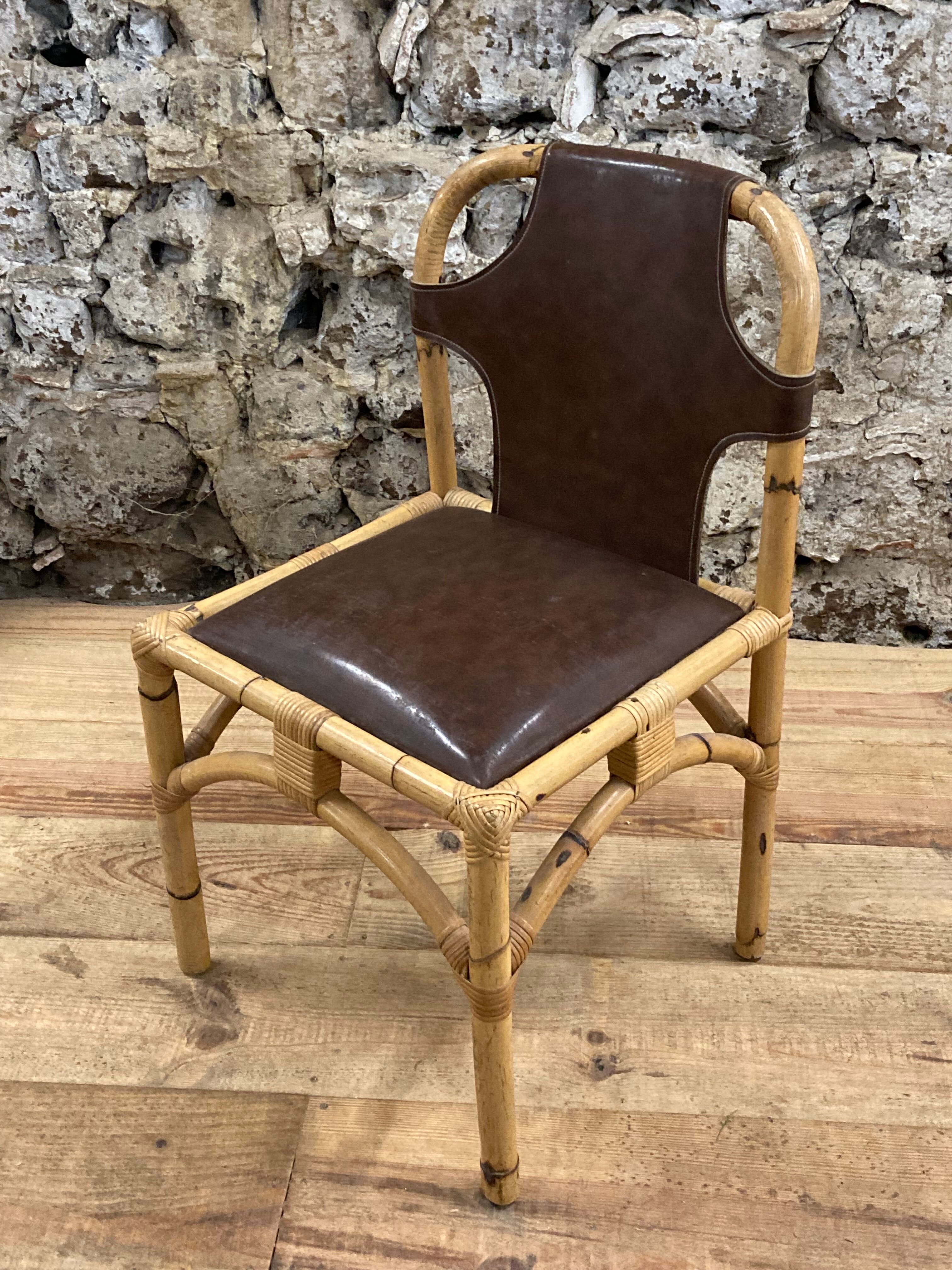 Vintage chair in rattan and bamboo and brown leather