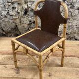 Vintage chair in rattan and bamboo and brown leather