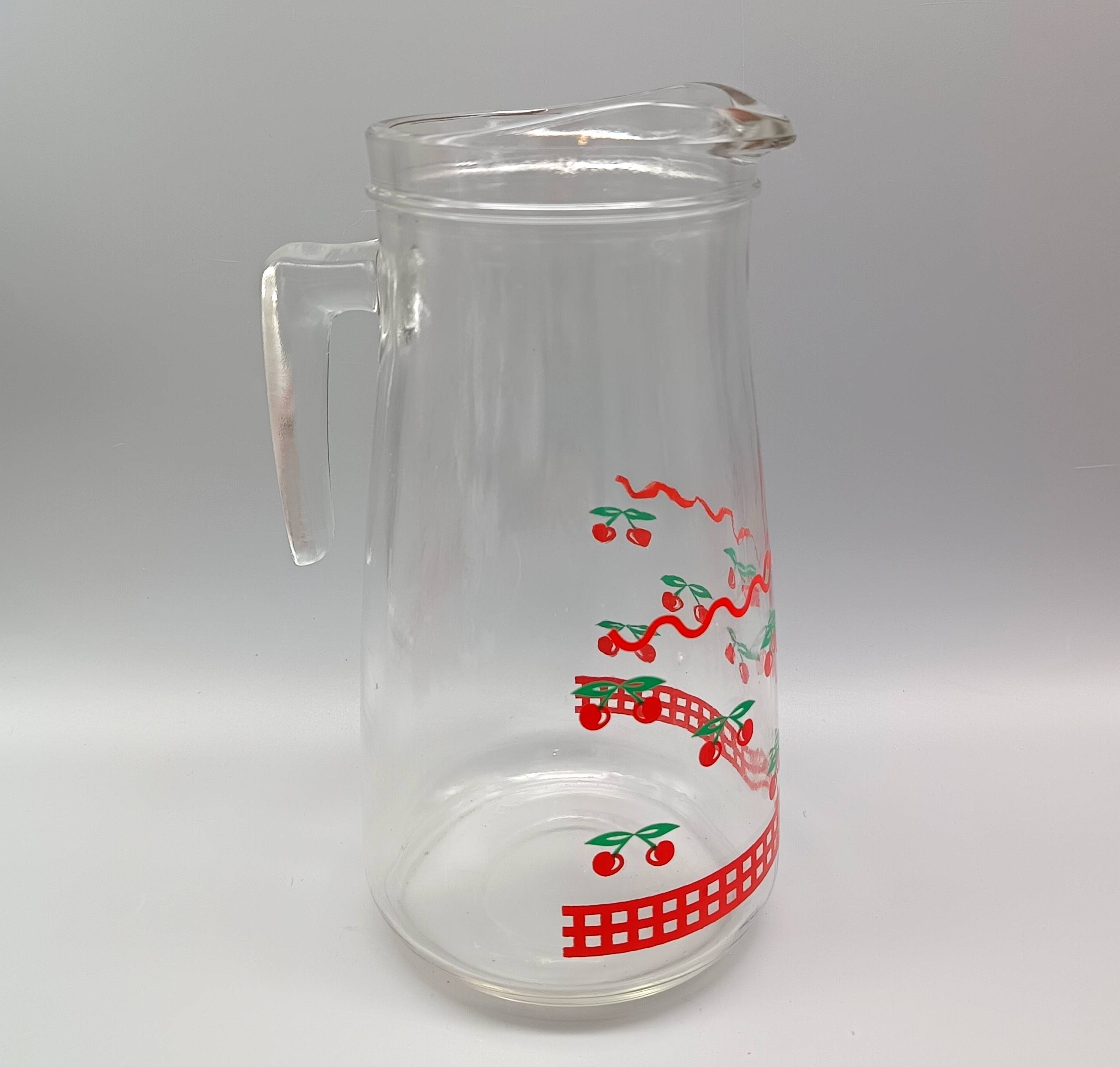 Vintage cherry ORANGEADE SET, 6 glasses and pitcher, France, VMC