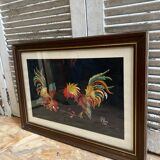 Old tapestry canvas g. perrin roosters signed + wooden frame #b549