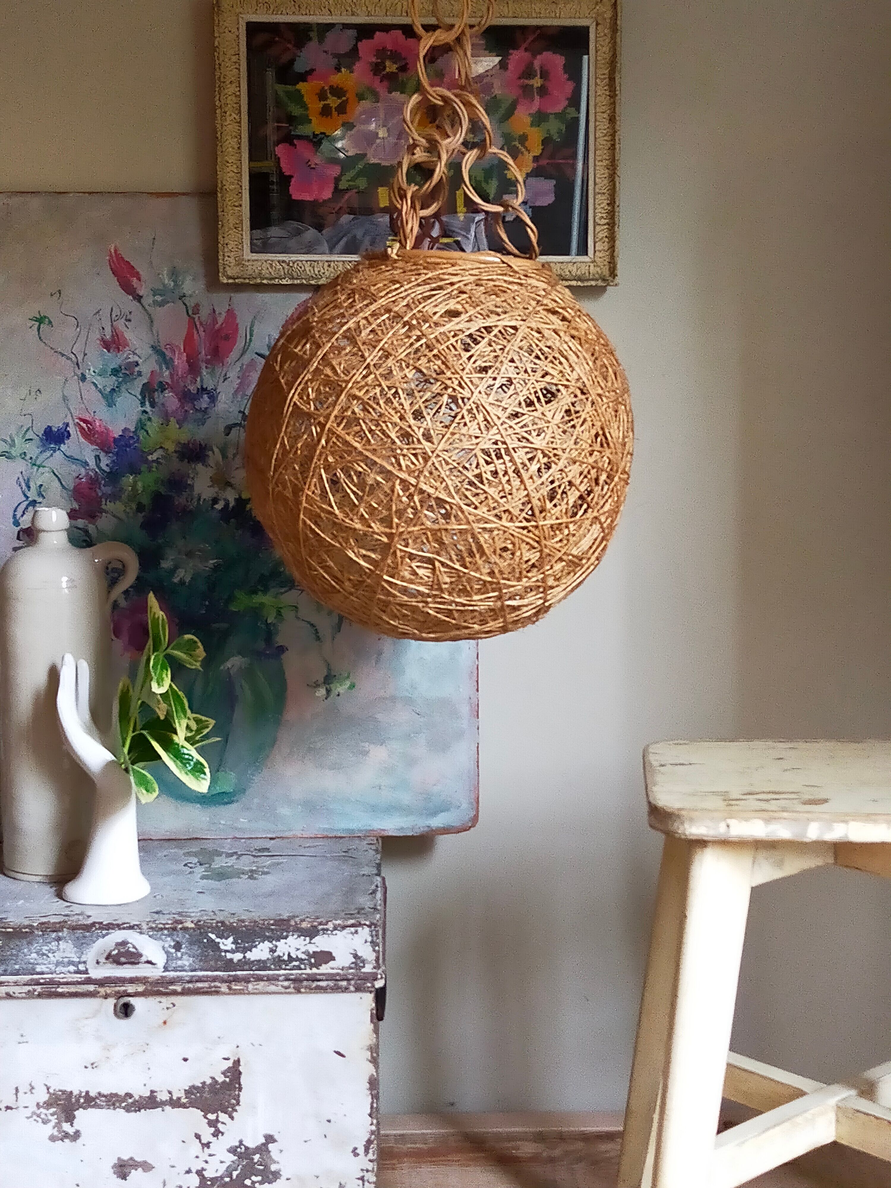 Lampshade suspension vintage wicker ball and natural string
