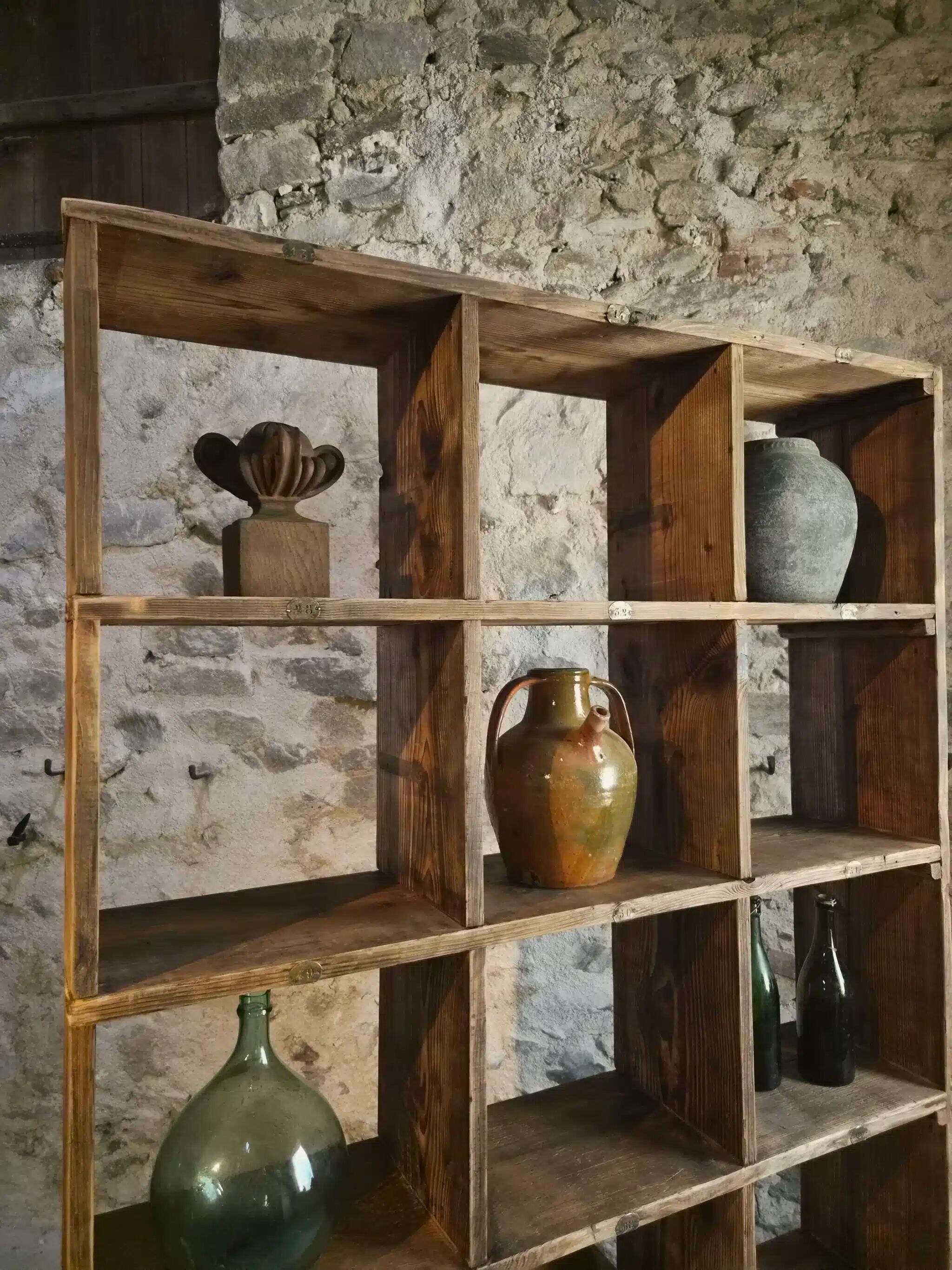 Old industrial shelf / room divider in pine, France, early 20th century
