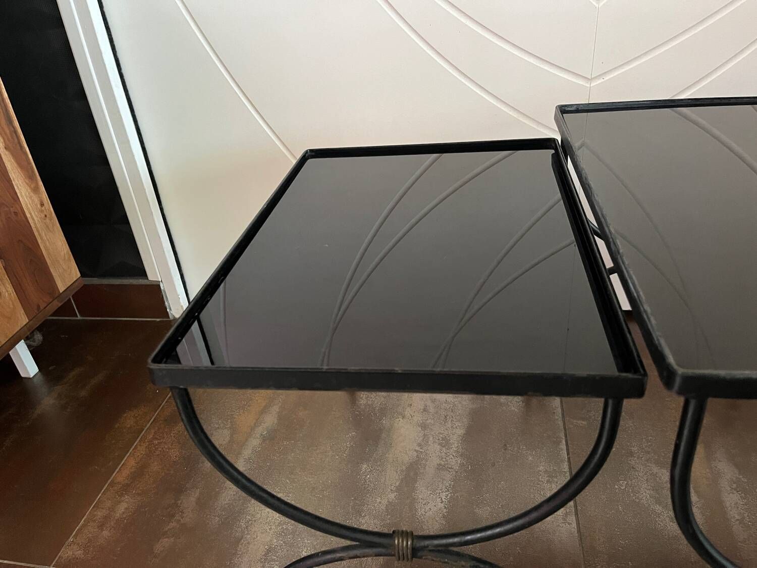 3 nesting tables 1950 Jean Royère wrought iron black opaline vintage