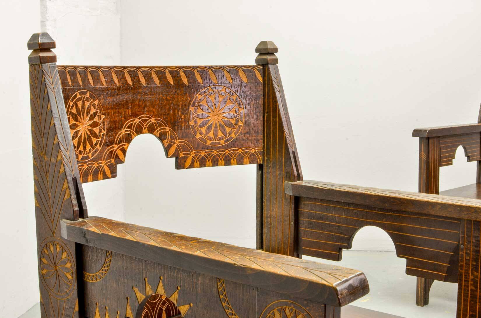 Set of Middle East Design Carved Wooden Moorish Decorated Side Chairs 1950s