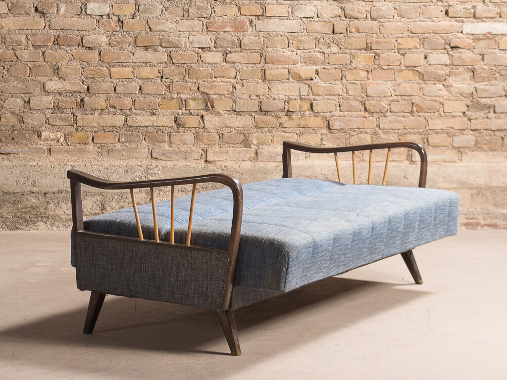 Sofa bed in solid beech with blue fabric, circa 1970