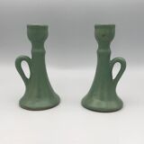 Pair of vintage table candle holders in green enameled ceramic