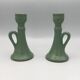 Pair of vintage table candle holders in green enameled ceramic