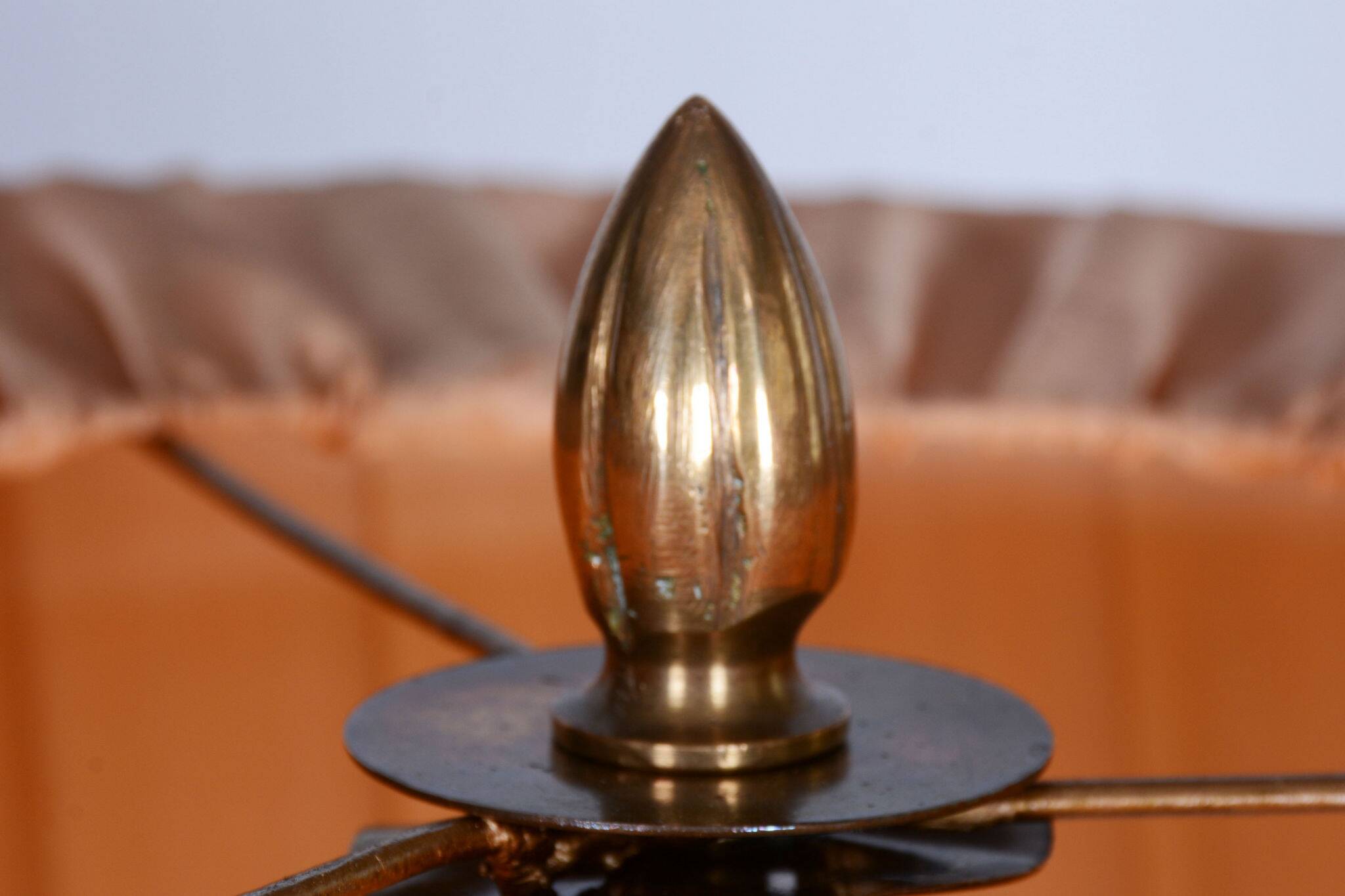 Restored Brass Art Deco Floor Lamp, France, Original Textile Shade, 1920s