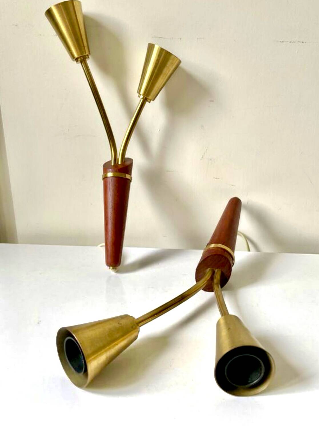 Pair of Scandinavian Midcentury wall lights sconces Brass & teak wood