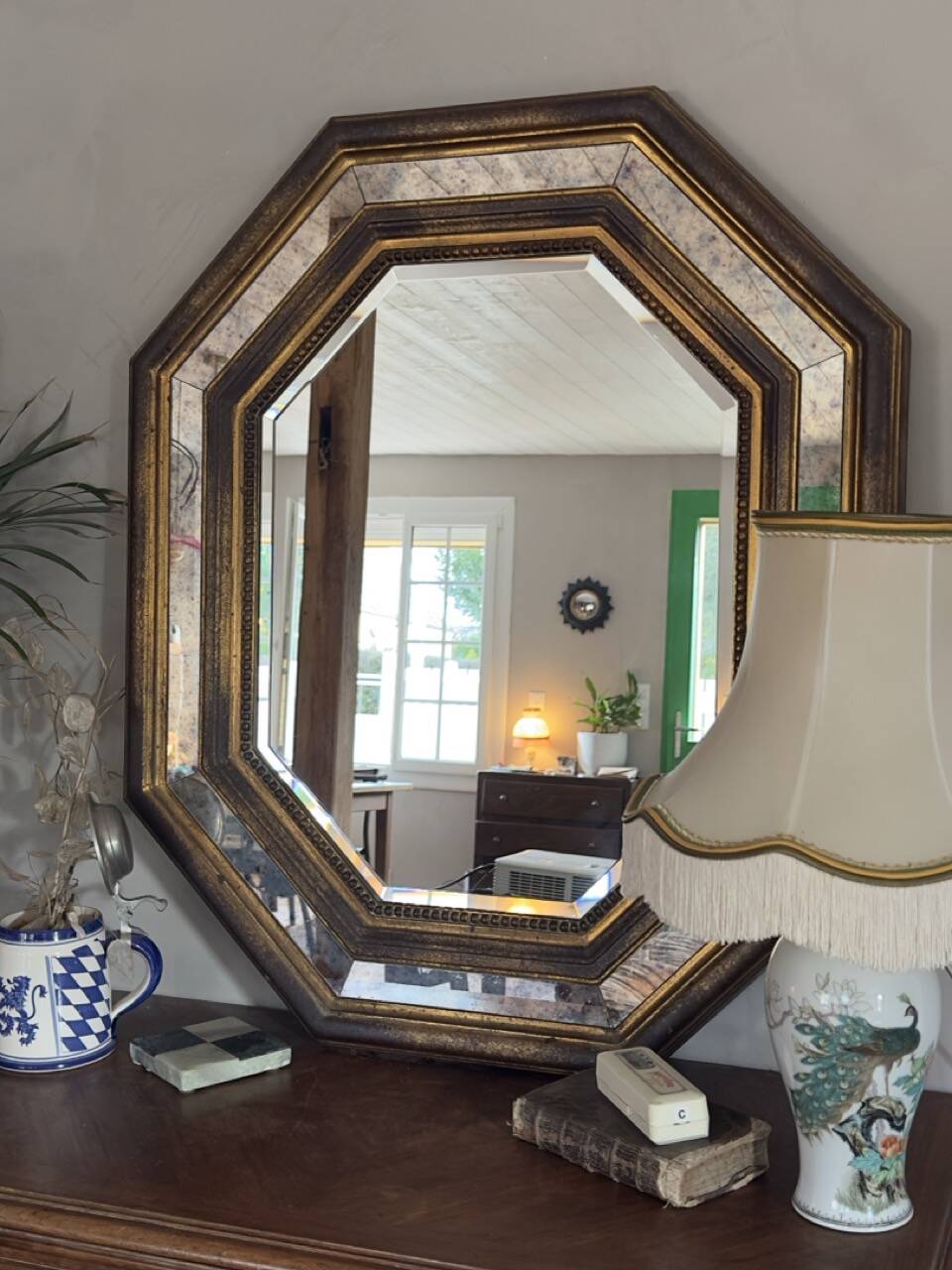 Vintage octagonal gold mirror – Belgium, 1960s/1970s