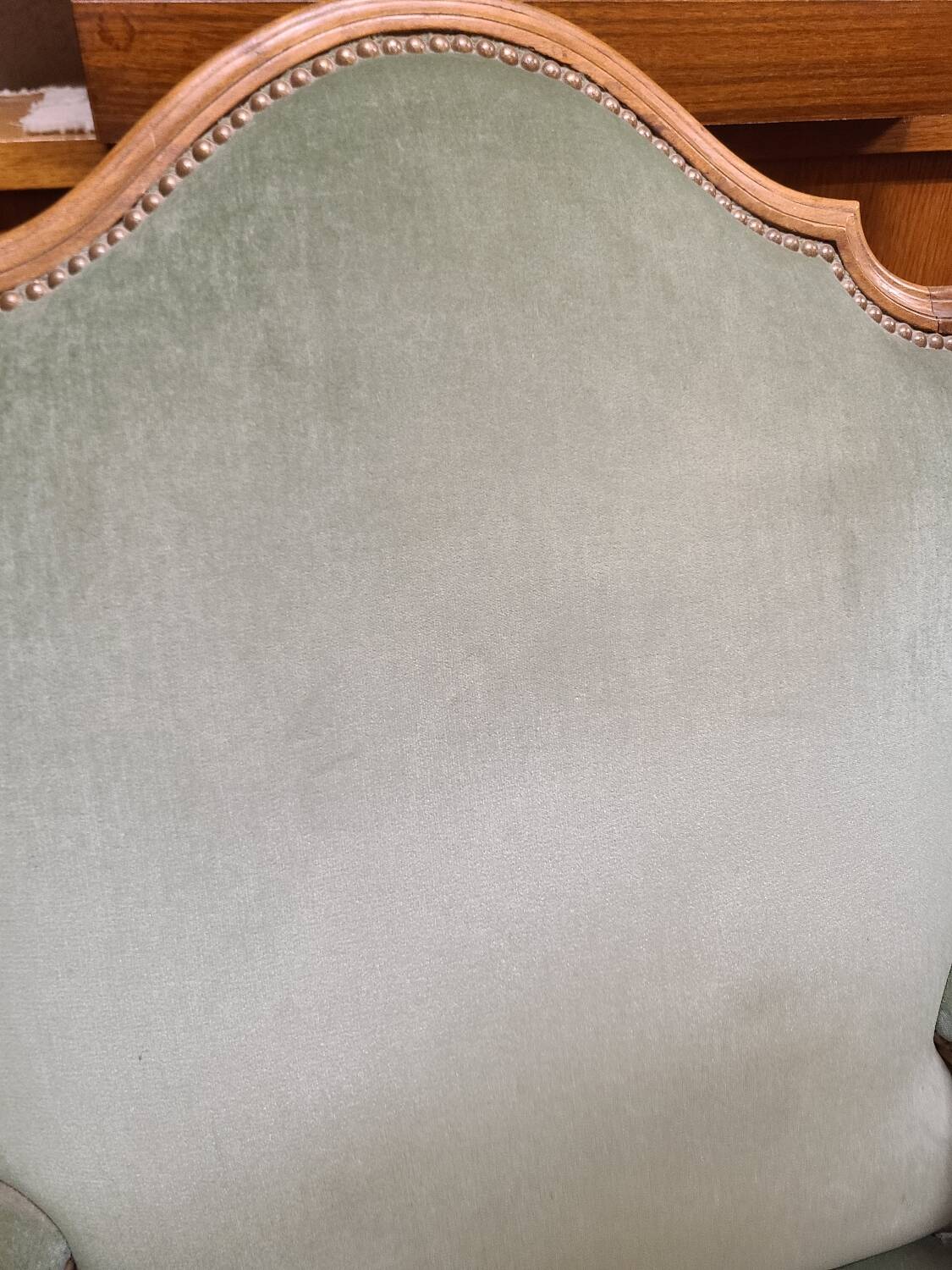 Vintage Louis XV style wing chair, light green velvet