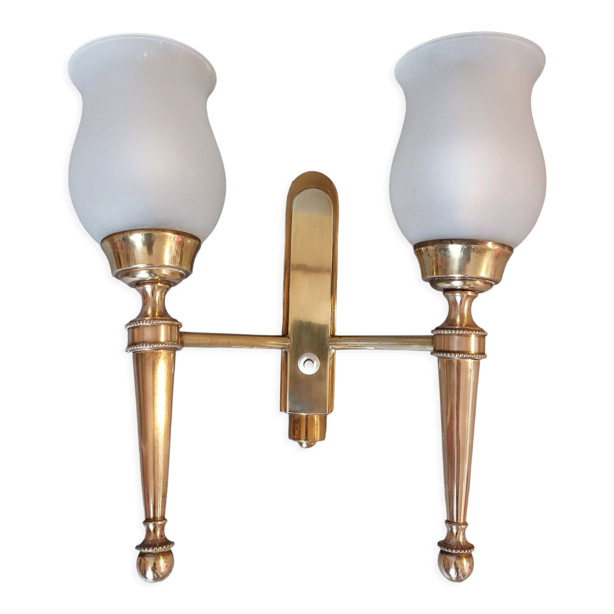 Neoclassical Torch two-arm wall lamp in solid brass, circa 1940