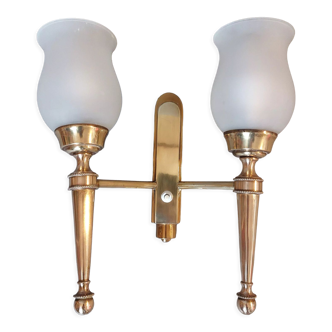 Neoclassical Torch two-arm wall lamp in solid brass, circa 1940