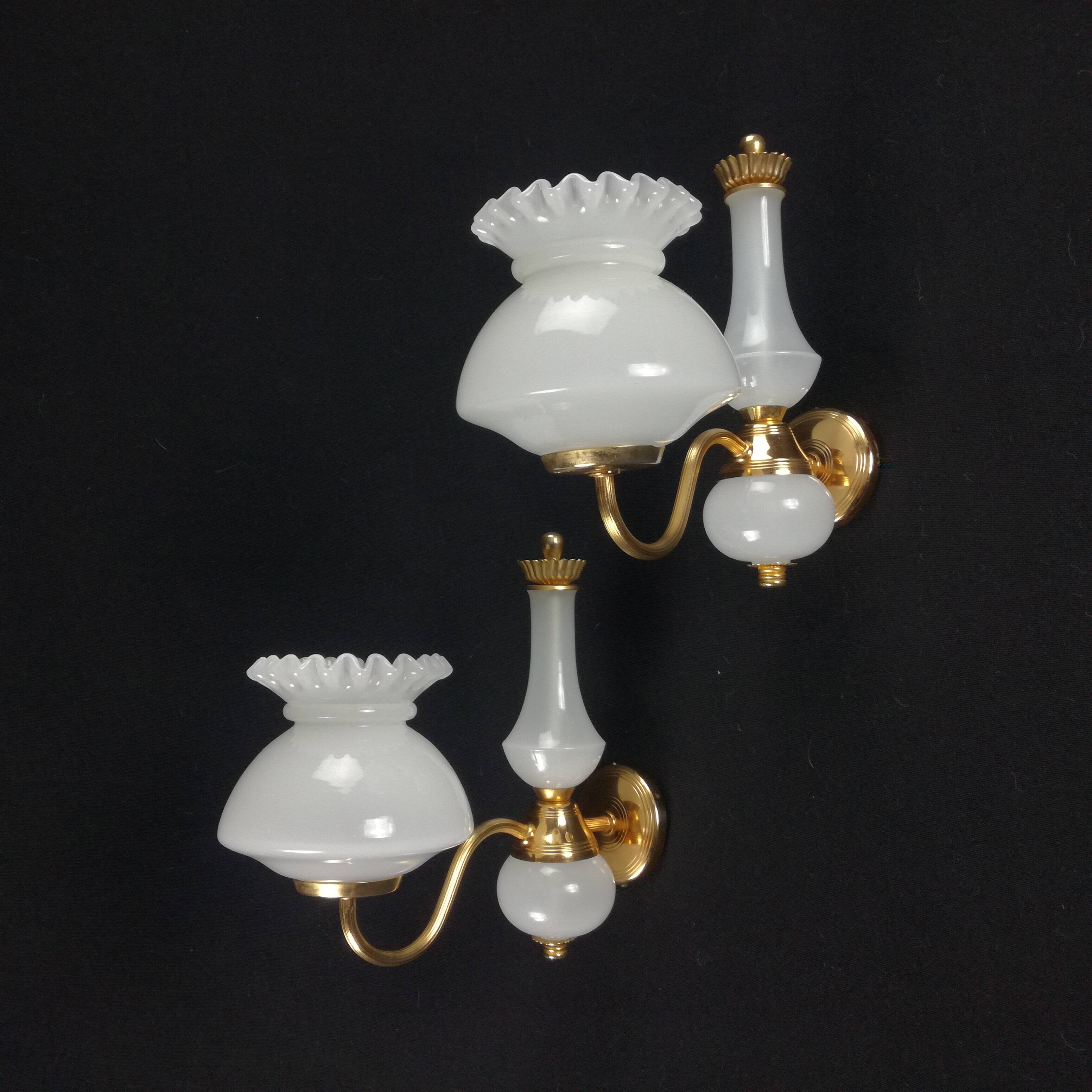 2 wall lights in gold metal and milky glass, swan neck