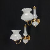 2 wall lights in gold metal and milky glass, swan neck