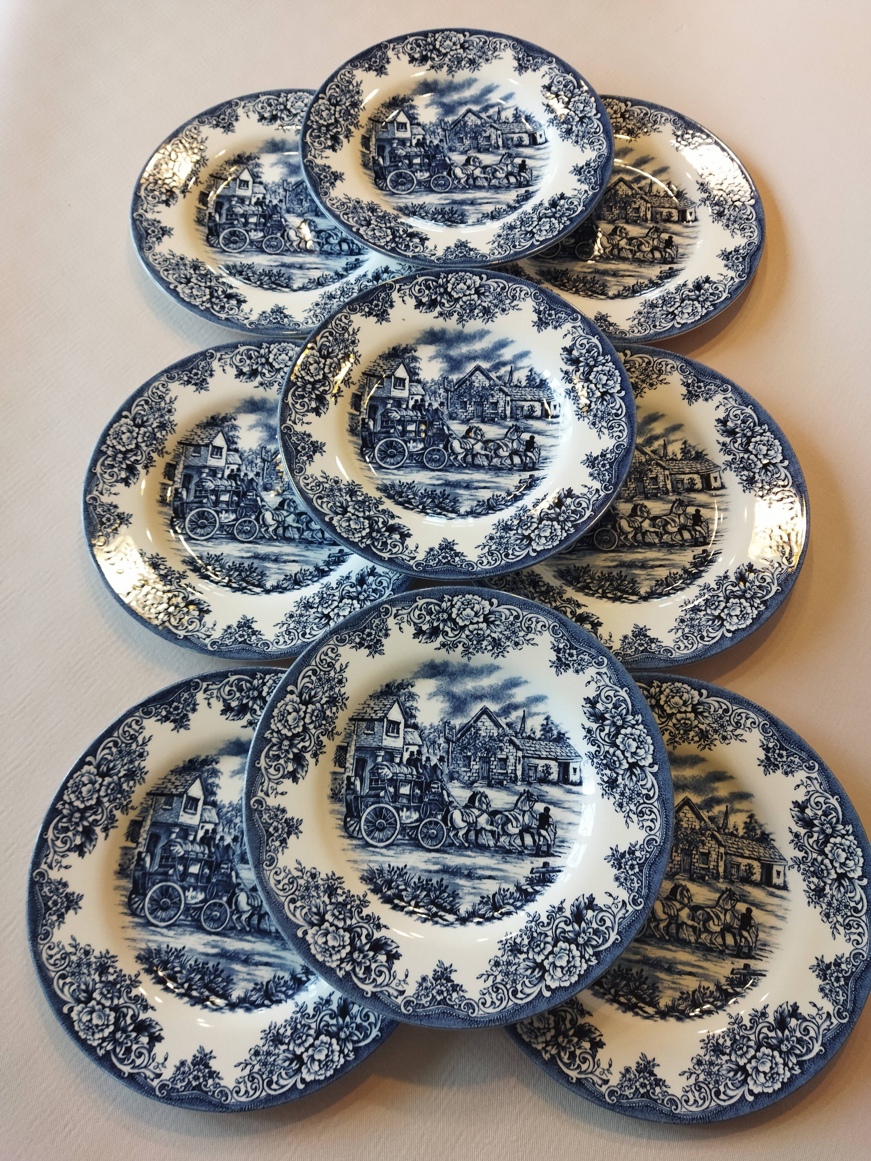 Set of 9 dessert plates English style blue & white