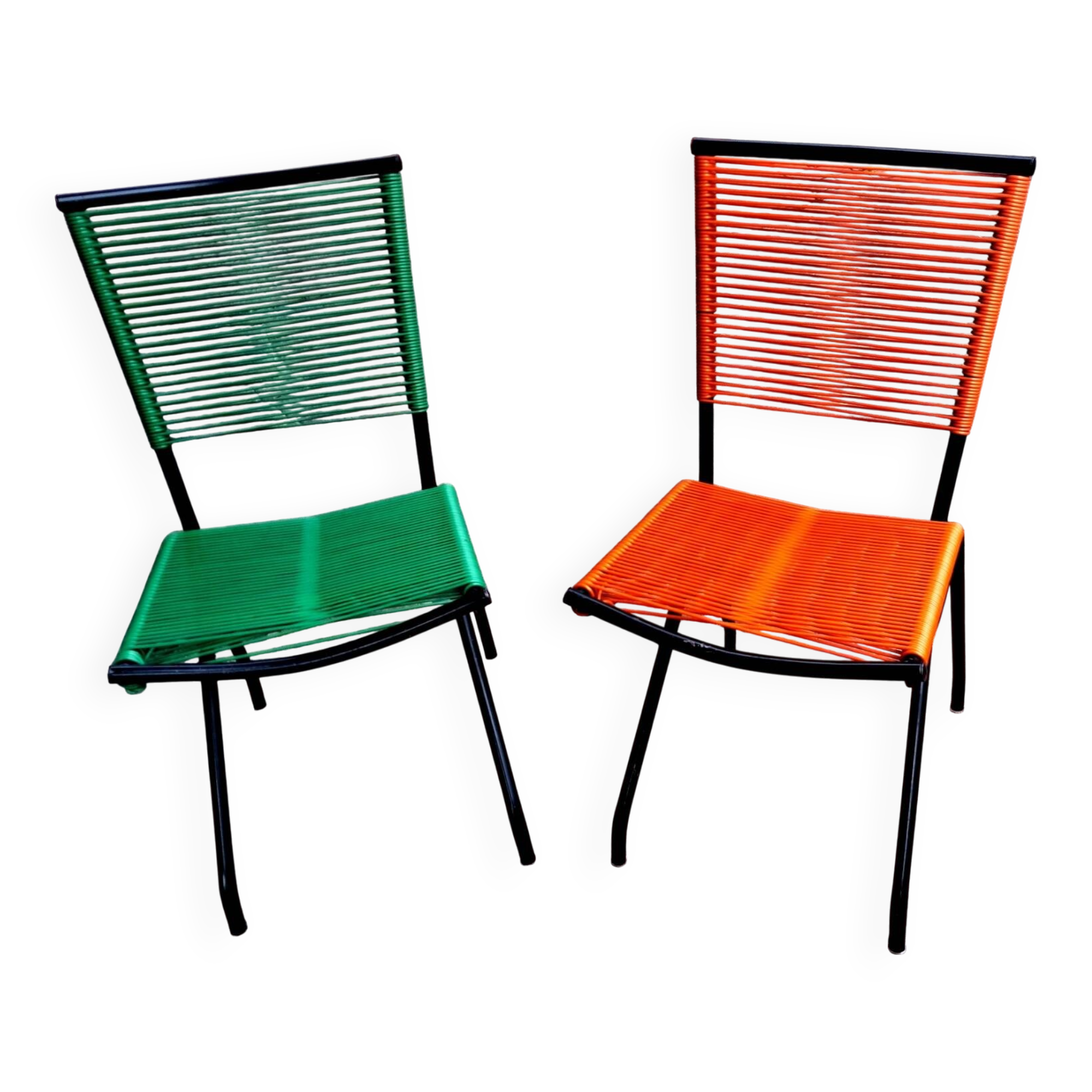2 chaises scoubidou design André Monpoix, vintage séventies