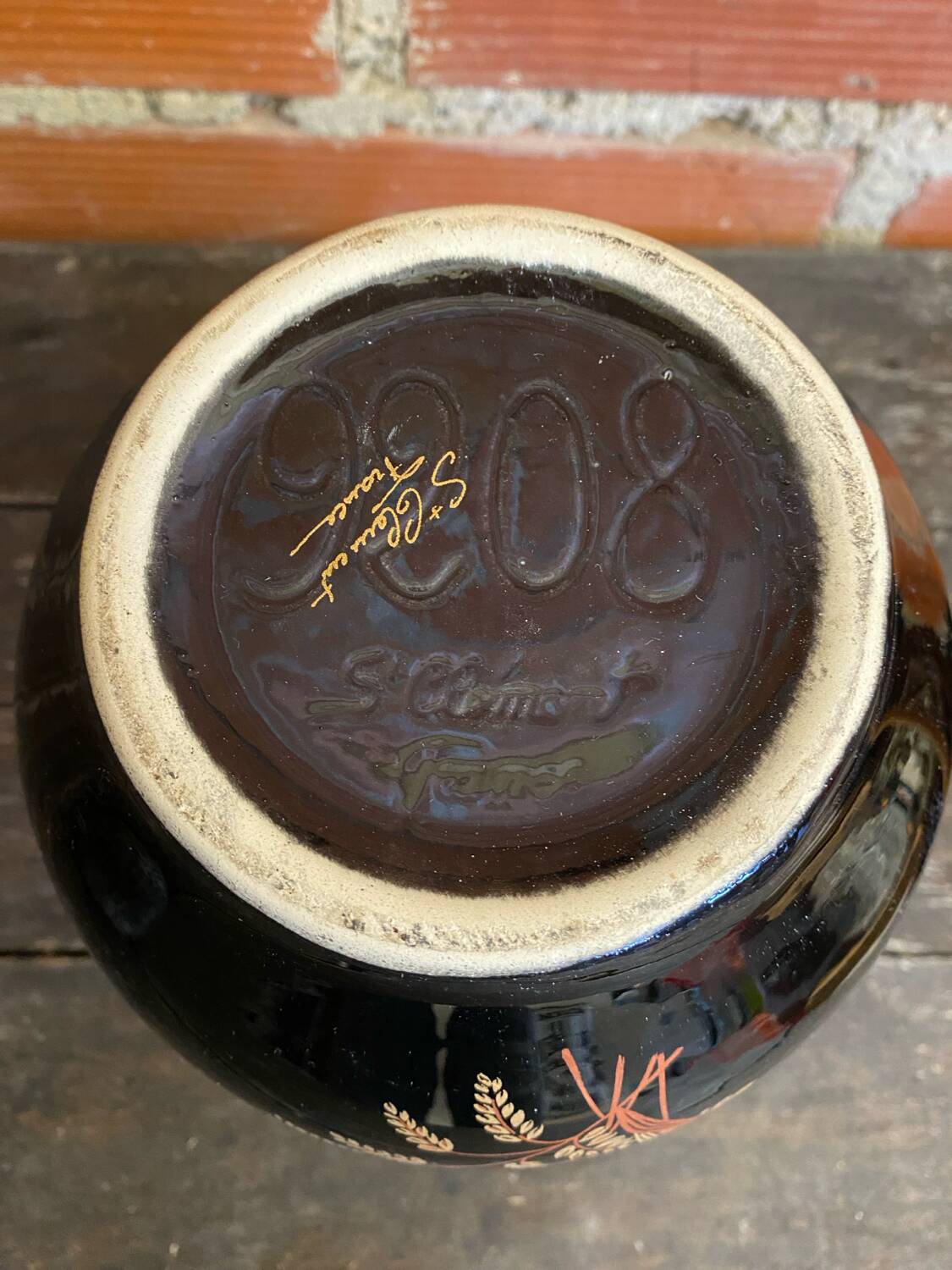 Antique st clement vase black ceramic painted decor vintage