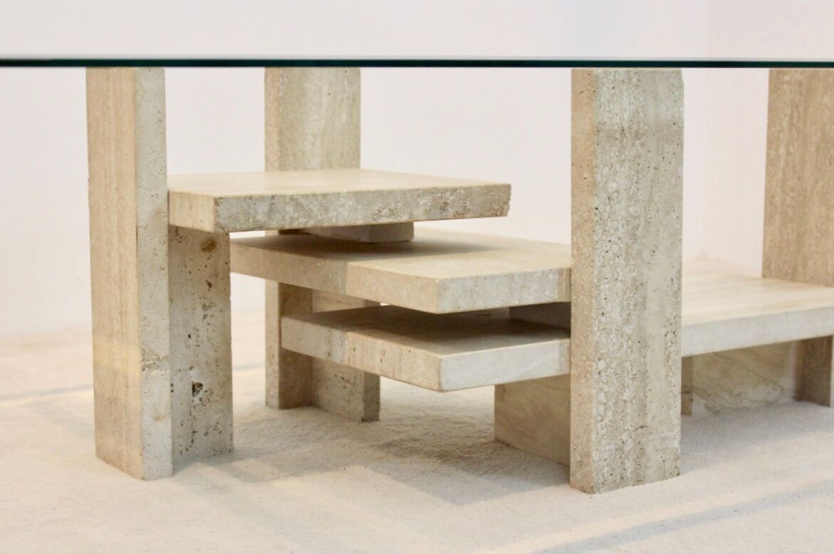 Willy Ballez travertine and cubist glass sculptural coffee table