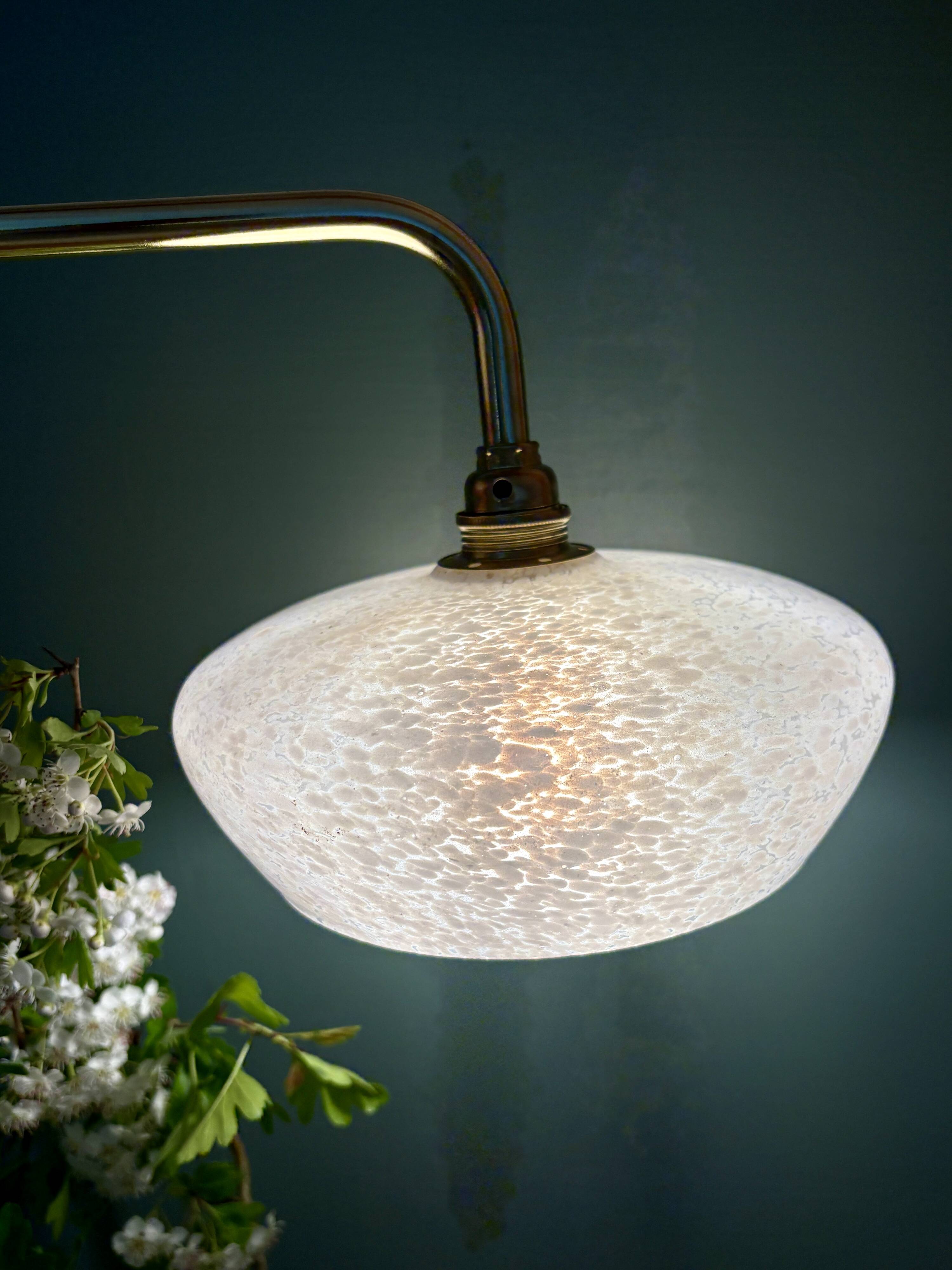 Vintage glass wall lamp with a curved arm from Clichy, white.