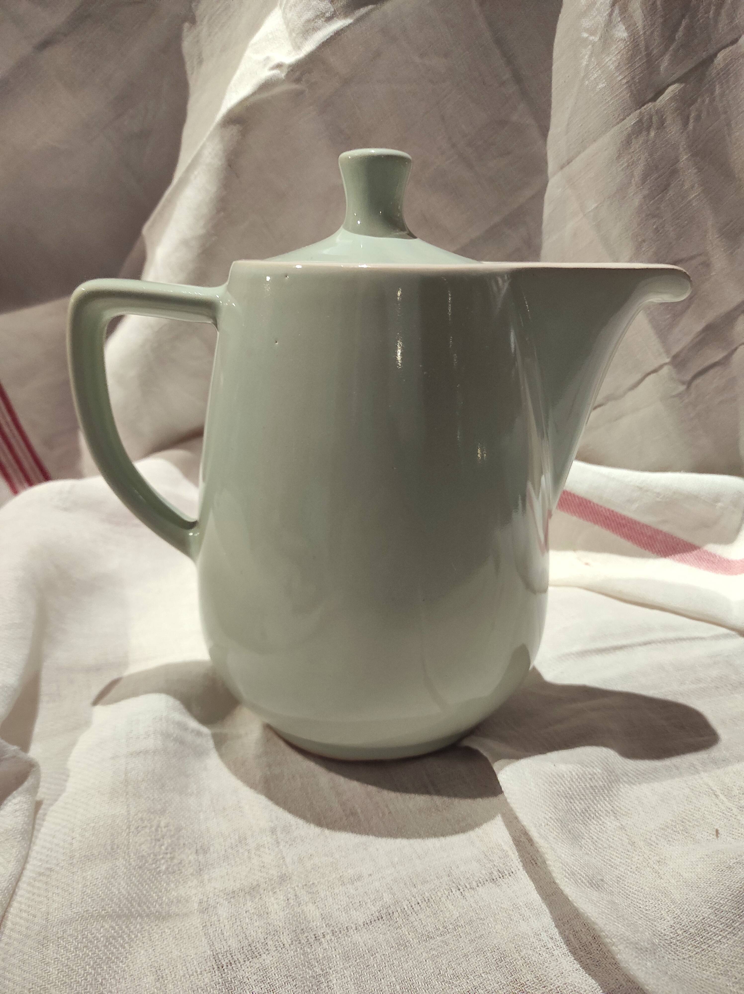 Vintage French large coffee pot in light green ceramic