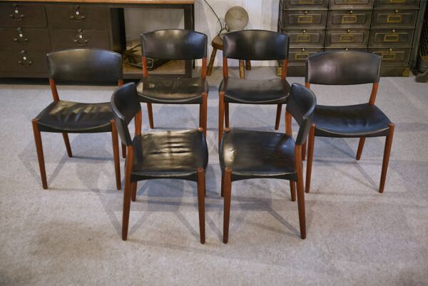 Ensemble de 6 chaises Ejner Larsen et A. Bender Madsen pour Willy Beck design scandinave en cuir et palissandre 1960’s