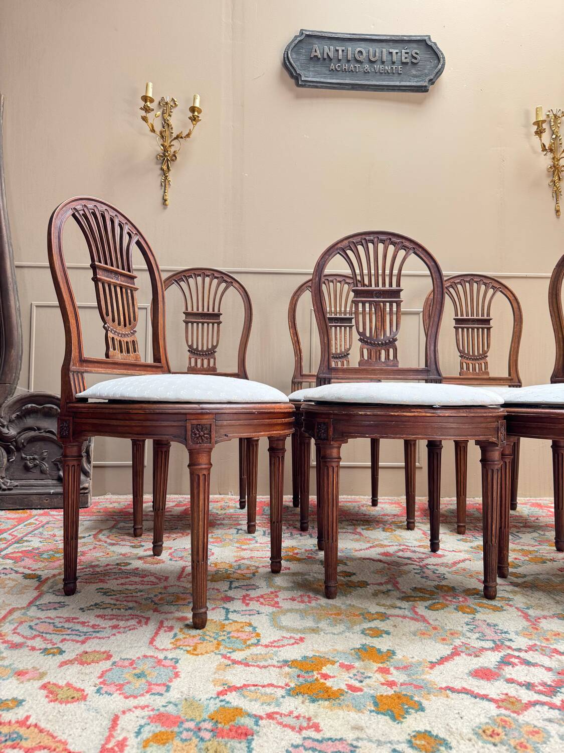 Set of six Louis XV style natural wood sheaf back chairs