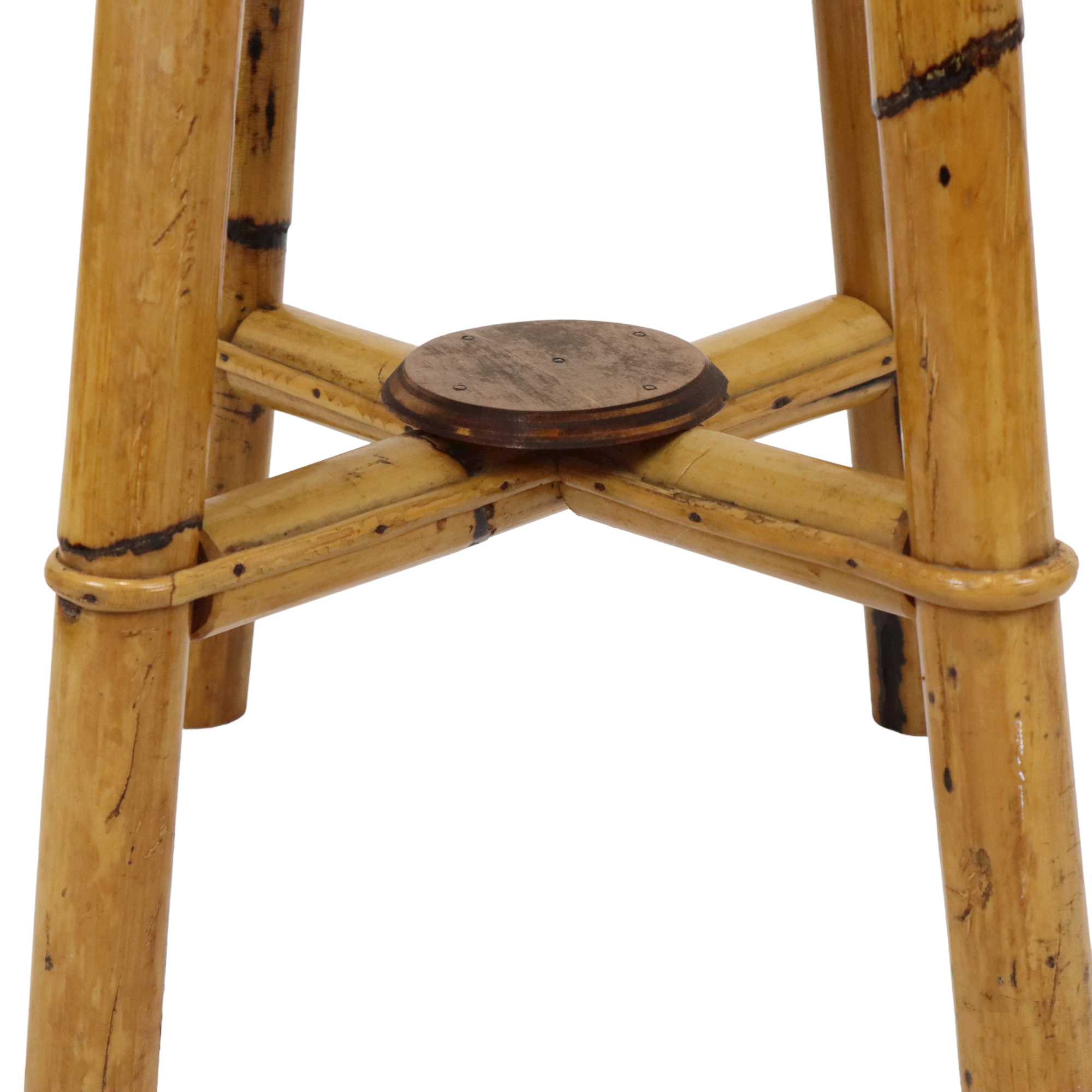 Vintage stool bamboo wood skai leather wooden tabuuret 49cm