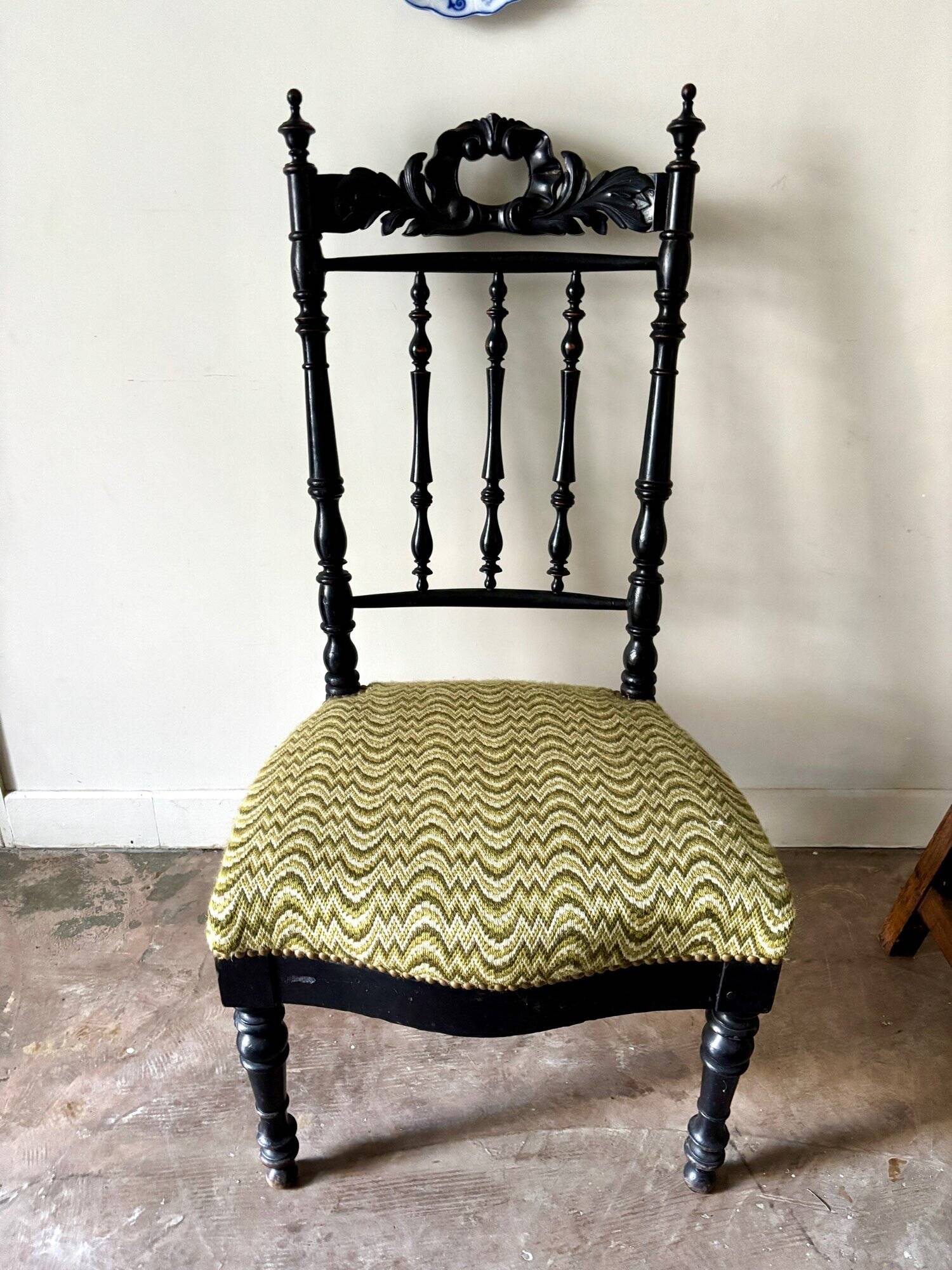 Black turned wood and green wool chair
