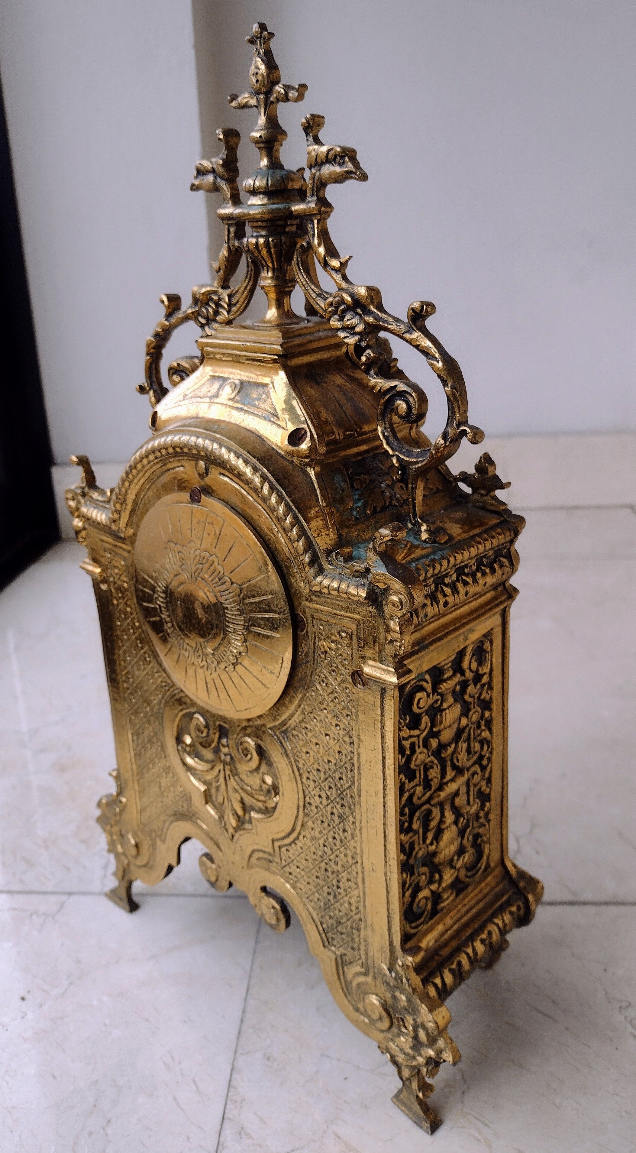 Gilt brass gothic mantle clock