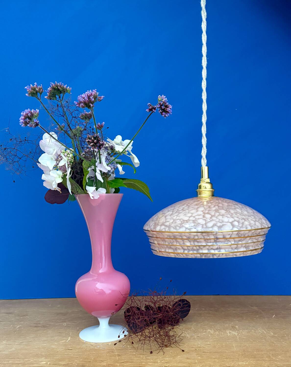 Vintage pink and gold clichy glass lampshade pendant light