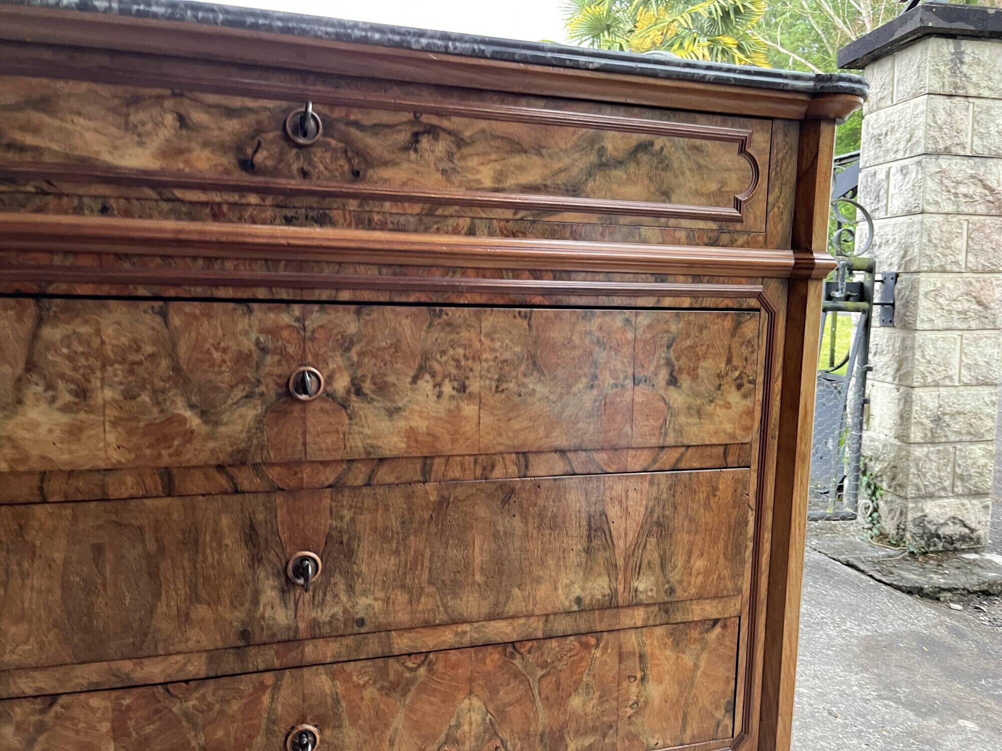 Antique Louis-Philippe elm burl chest of drawers, four drawers