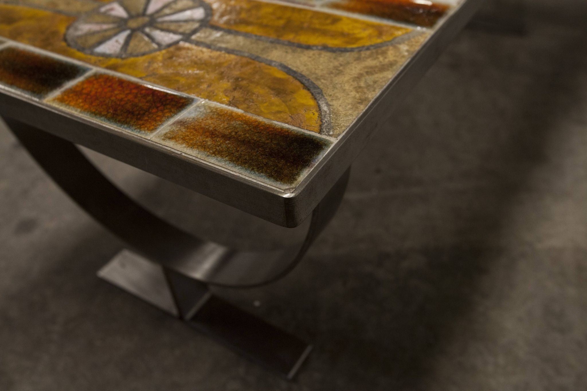 Ceramic coffee table and brushed steel Roche Bobois design Gregorieff 70s, 108x47cm