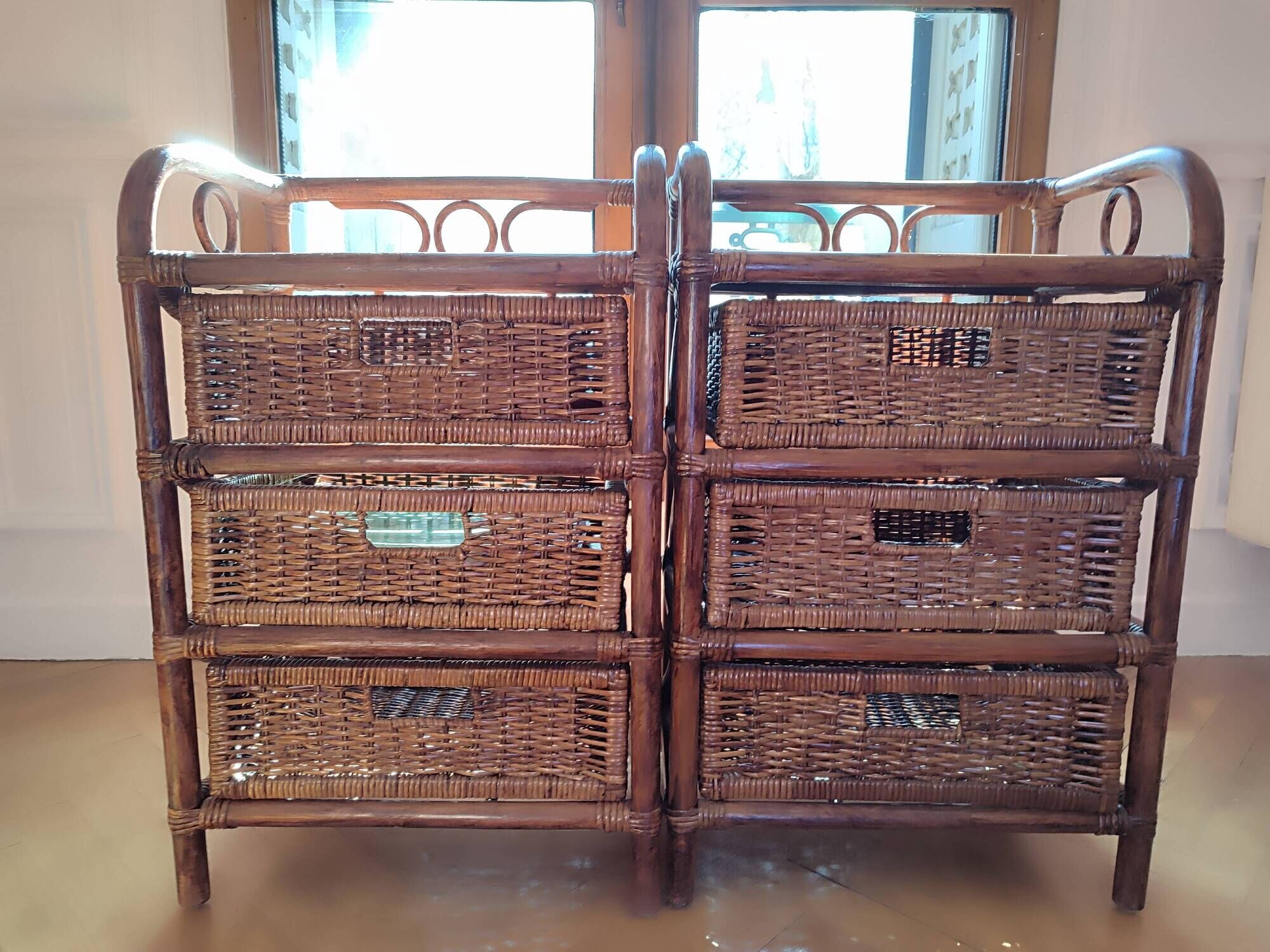 Pair of restored vintage rattan bedside tables – 3 drawers