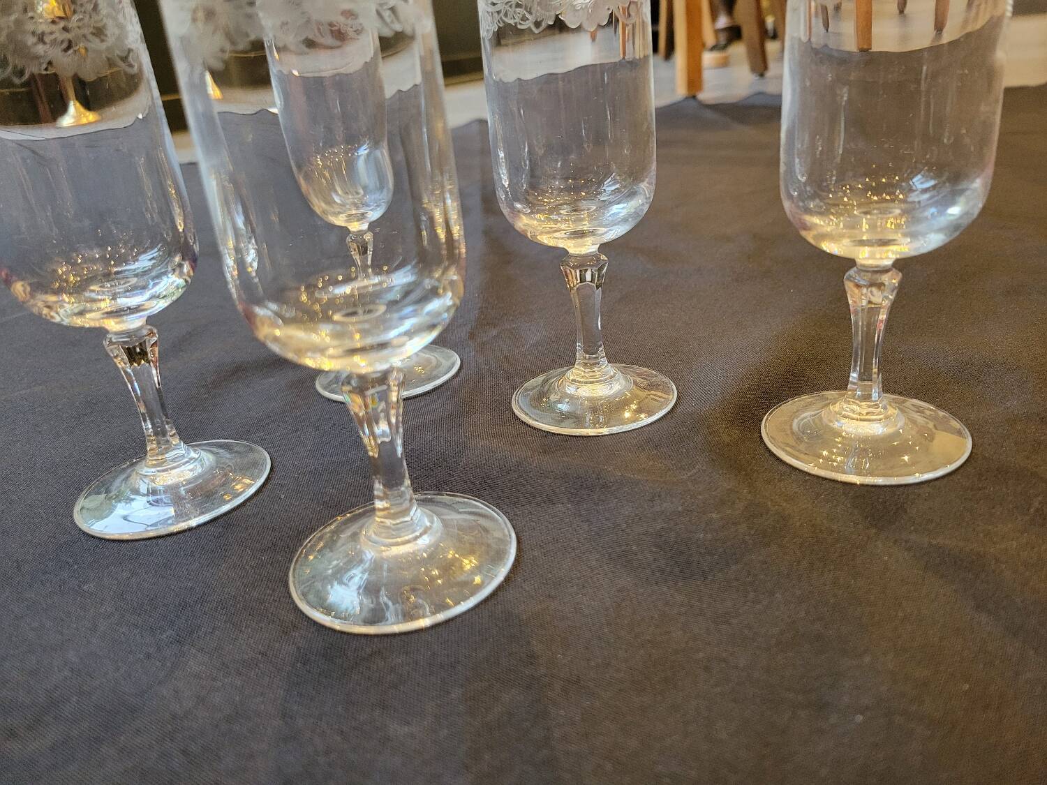 6 engraved crystal champagne flutes (floral) 1920