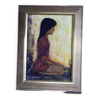 Original swedish mid-century oil on panel " portrait of a girl" by björn larsen- vintage & framed
